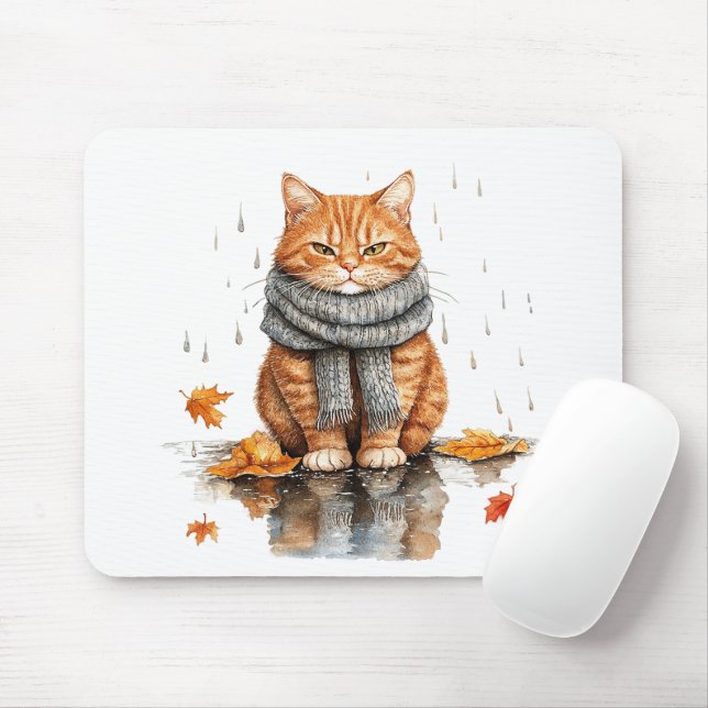 Grumpy Orange Cat in Rain Mouse Mat (With Mouse)