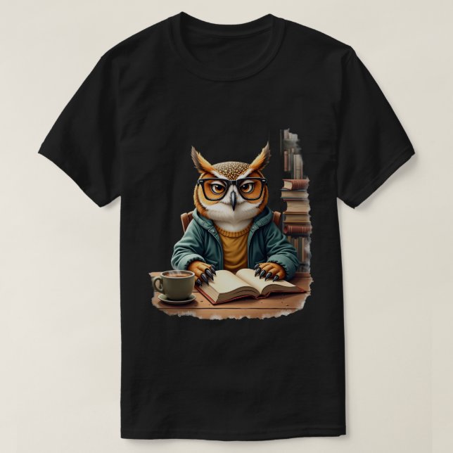 Grumpy Owl Coffee Addict Dark Academia Reading Noo T-Shirt (Design Front)