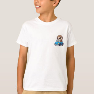 Grumpy Owl Driving Tiny Blue Car Cartoon Kids T-Shirt