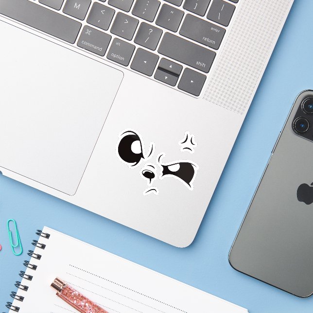 Grumpy Panda Face Minimalist Vinyl Laptop Sticker. (Laptop w/ iPhone)