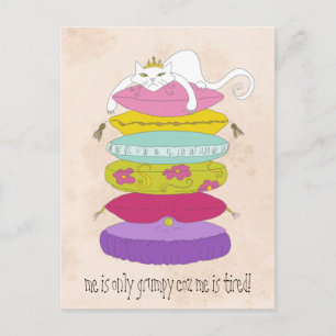 Grumpy princess cat and the pea cartoons postcard