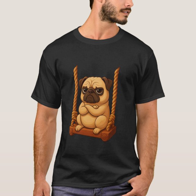 Grumpy Pug Cartoon on Swing T-Shirt (Front)