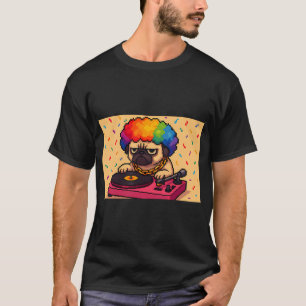 Grumpy Pug DJ in Rainbow Afro T-Shirt