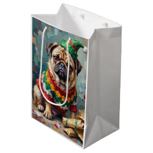 Grumpy Pug Dog in Elf Hat Funny Christmas Art Medium Gift Bag