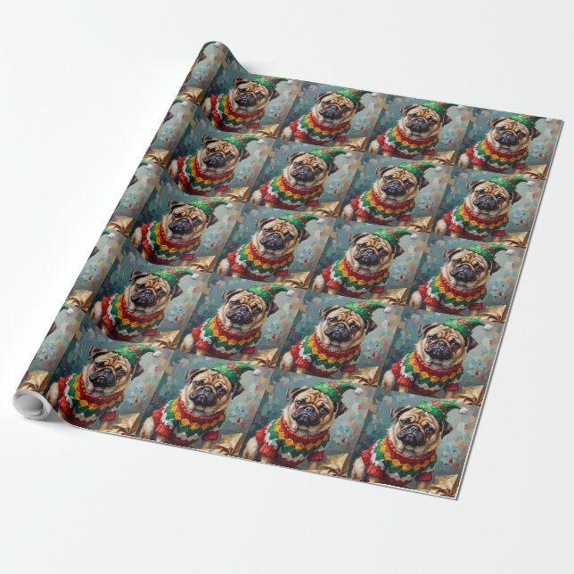 Grumpy Pug Dog in Elf Hat Funny Christmas Art Wrapping Paper (Unrolled)