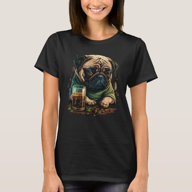 Grumpy Pug Drinks Whisky T-Shirt (Front)