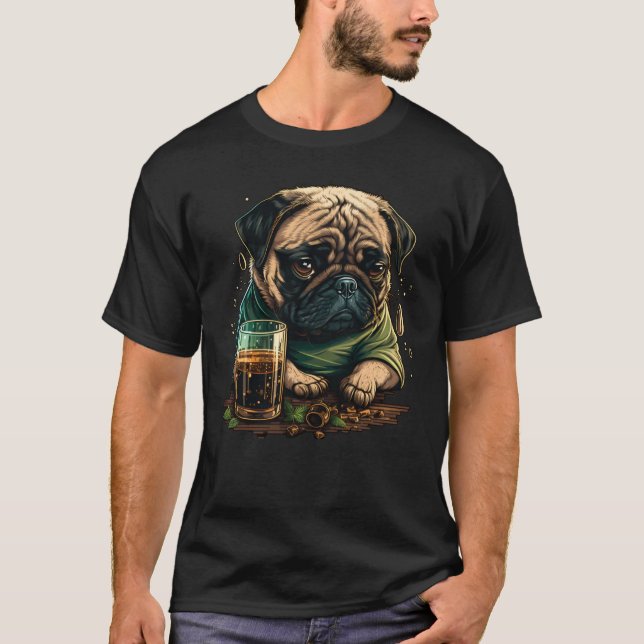 Grumpy Pug Drinks Whisky T-Shirt (Front)