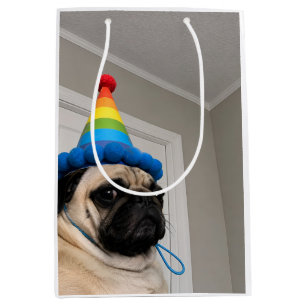 Grumpy Pug Wearing Rainbow Birthday Party Hat Medium Gift Bag