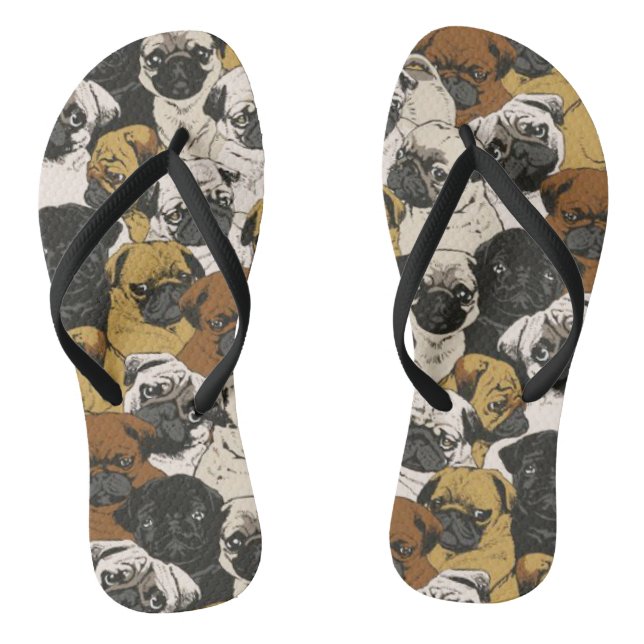 Grumpy Pugs / Funny Cute Pug Dogs Puppies Pattern Flip Flops (Footbed)