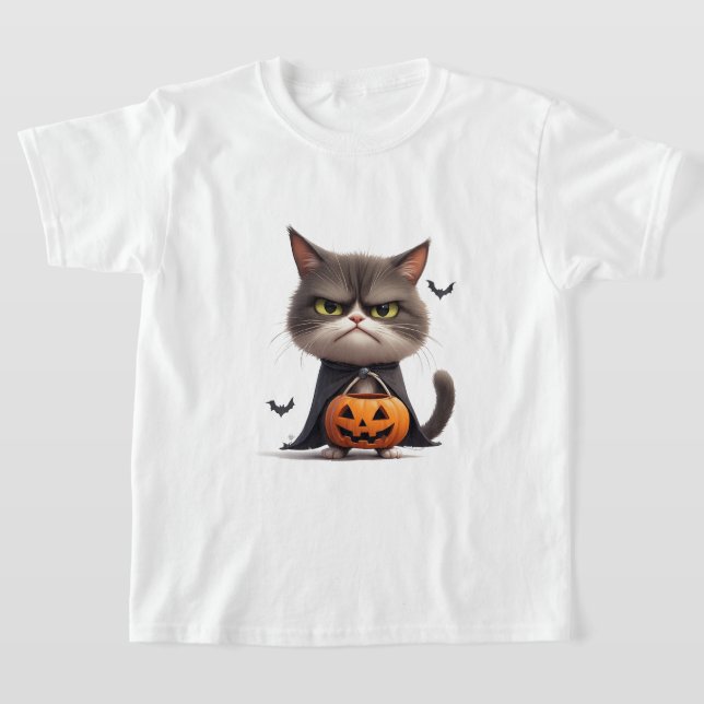 Grumpy Pumpkin Witch Cat Halloween Theme 🎃 T-Shirt (Laydown)