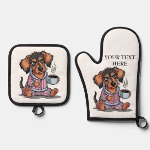 Grumpy Puppy before coffee Personalise Name Text Oven Mitt & Pot Holder Set