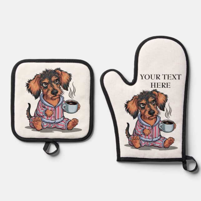 Grumpy Puppy before coffee Personalise Name Text Oven Mitt & Pot Holder Set (Front)