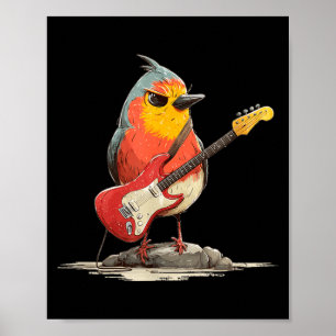 Grumpy Robin Bird with Electric Guitar for Feather Poster