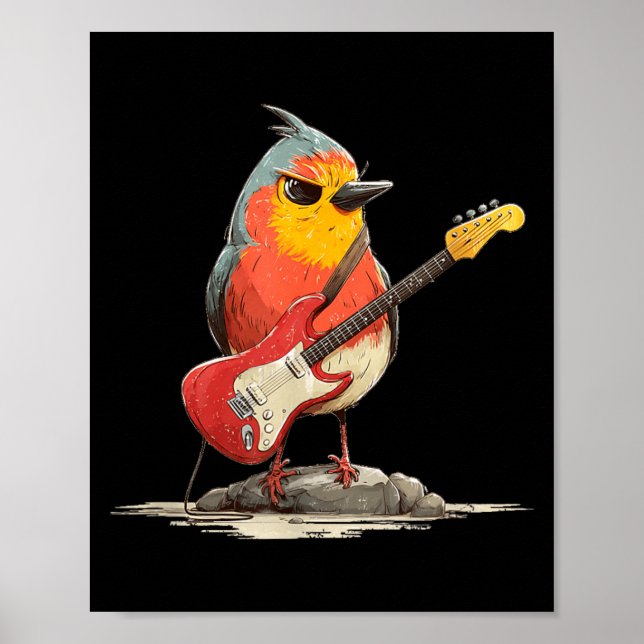 Grumpy Robin Bird with Electric Guitar for Feather Poster (Front)