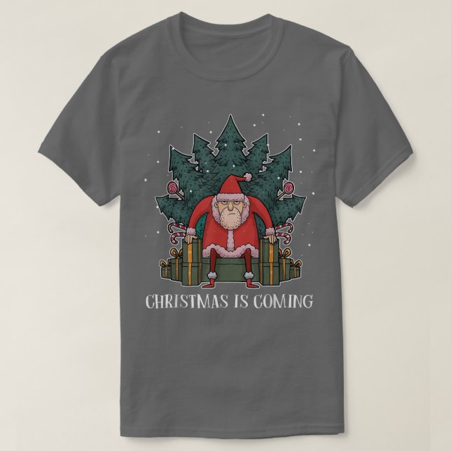 Grumpy Santa Claus Tree Present Throne Funny Chris T-Shirt (Design Front)