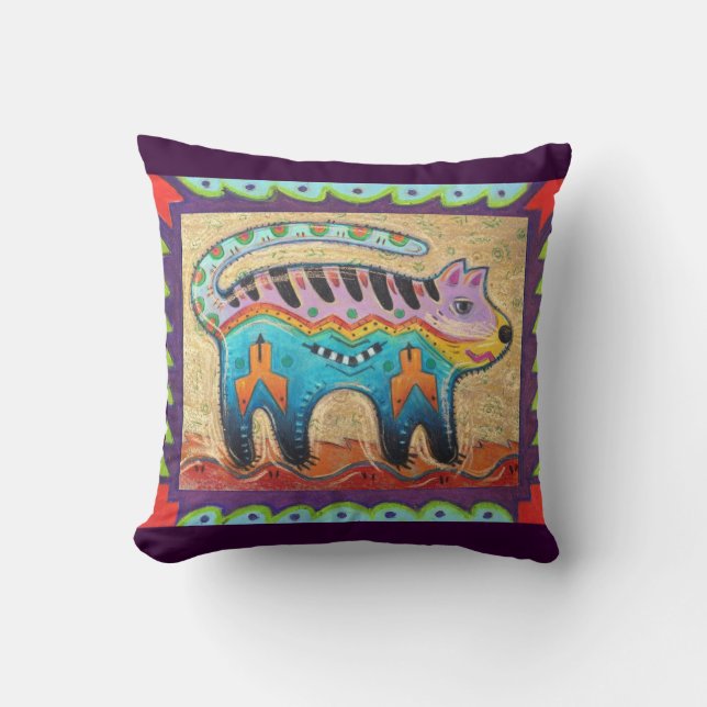 Grumpy Southwestern Folk Art Cat Cushion (Front)