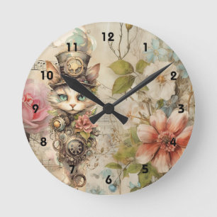 Grumpy Steampunk Cat Collage Vintage Paper Roses Round Clock