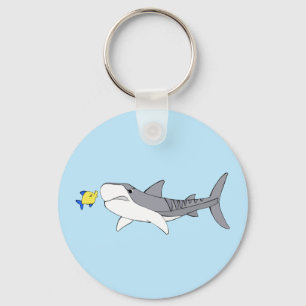 Grumpy tiger shark and cute yellow fish key ring