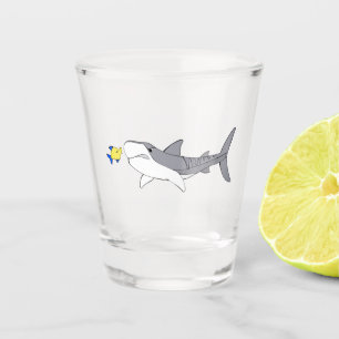 Grumpy tiger shark and cute yellow fish shot glass