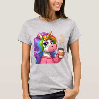 Grumpy Unicorn Needs Coffee Cartoon T-Shirt