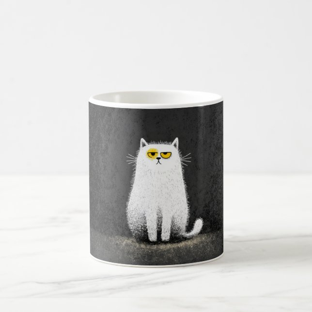 Grumpy White Cat – Funny Minimal Cat Art Coffee Mug (Center)