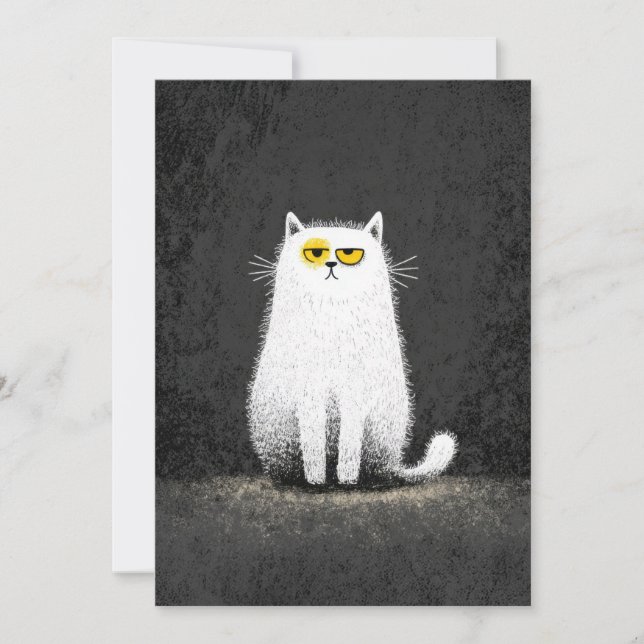 Grumpy White Cat – Funny Minimal Cat Art Holiday Card (Front)