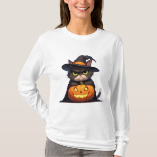 Grumpy Witch Cat And Jack O Lantern Halloween 🦇 T-Shirt