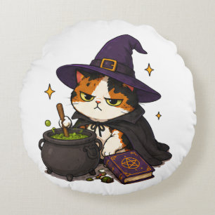 Grumpy Witch Cat Halloween Round Cushion