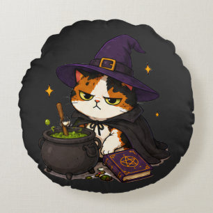 Grumpy Witch Cat Halloween Round Cushion