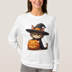 Grumpy Witch Cat With Pumpkin Halloween Fun 🎃 T-Shirt