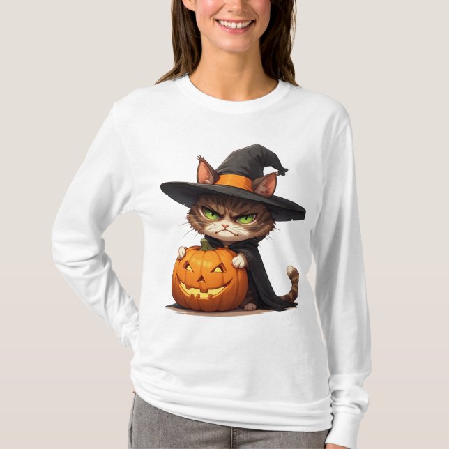 Grumpy Witch Cat With Pumpkin Halloween Fun 🎃 T-Shirt (Front)