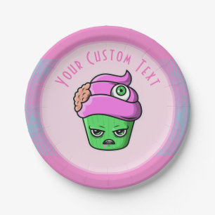 Grumpy Zombie Muffin Pink Brain Eyeball Halloween  Paper Plate