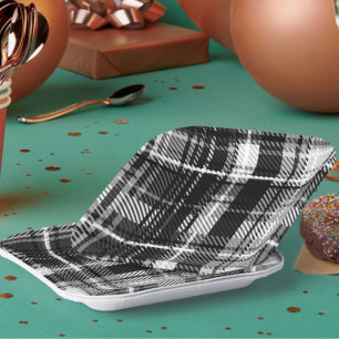 Grunde Black White Flannel Plaid Tartan Design  Paper Plate