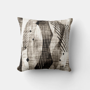 Grunge abstract geometric striped beige black cushion
