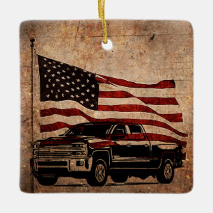 Grunge American Flag and Black Truck Patriotic Ceramic Ornament