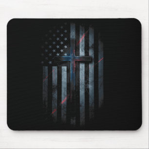 Grunge American Flag And Cross Faith Family Freedo Mouse Mat
