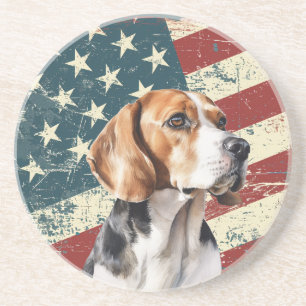 Grunge American Flag Beagle Hound Dog Coaster
