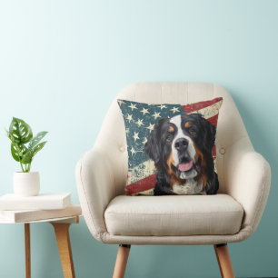 Grunge American Flag Bernese Mountain Dog Cushion
