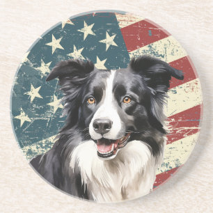 Grunge American Flag Border Collie Dog Coaster