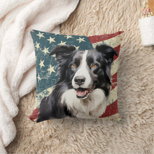 Grunge American Flag Border Collie Dog Cushion