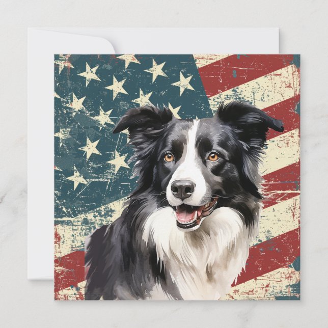 Grunge American Flag Border Collie Dog Flat Card (Front)