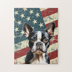 Grunge American Flag Boston Terrier Dog Jigsaw Puzzle