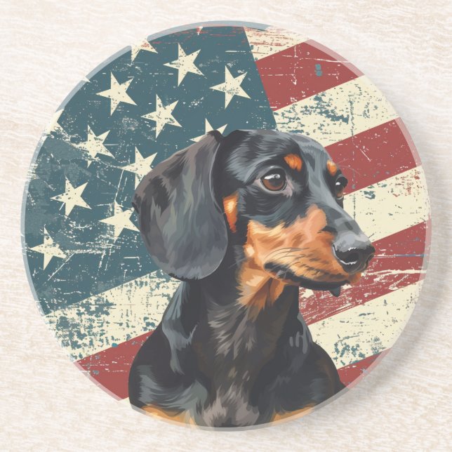 Grunge American Flag Dachshund Dog Coaster (Front)