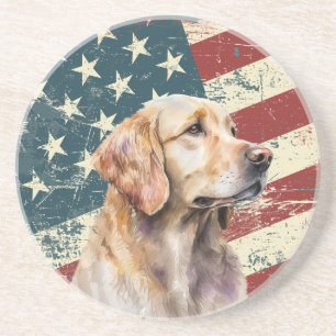 Grunge American Flag Golden Retriever Dog Coaster