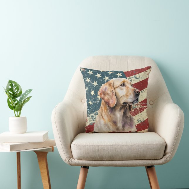 Grunge American Flag Golden Retriever Dog Cushion (Chair)