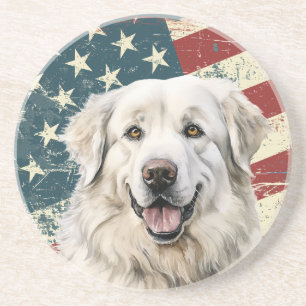 Grunge American Flag Great Pyrenees Dog Coaster