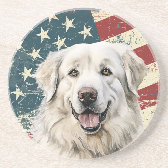 Grunge American Flag Great Pyrenees Dog Coaster (Front)