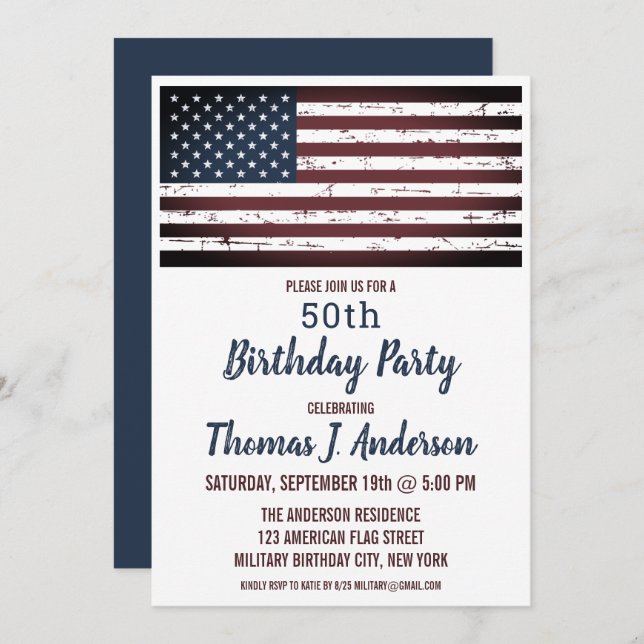 Grunge American Flag Patriotic 50 Birthday Party  Invitation (Front/Back)