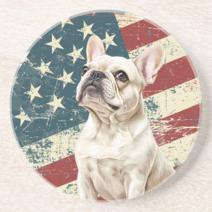 Grunge American Flag White French Bulldog Coaster