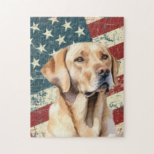 Grunge American Flag Yellow Labrador Retriever Dog Jigsaw Puzzle
